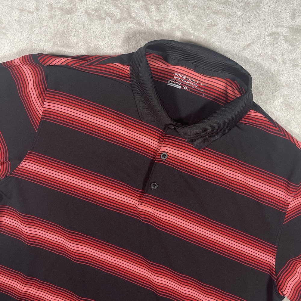 Nike Golf‎ Dri-Fit Tour Performance Polo Mens L Black And Red Striped